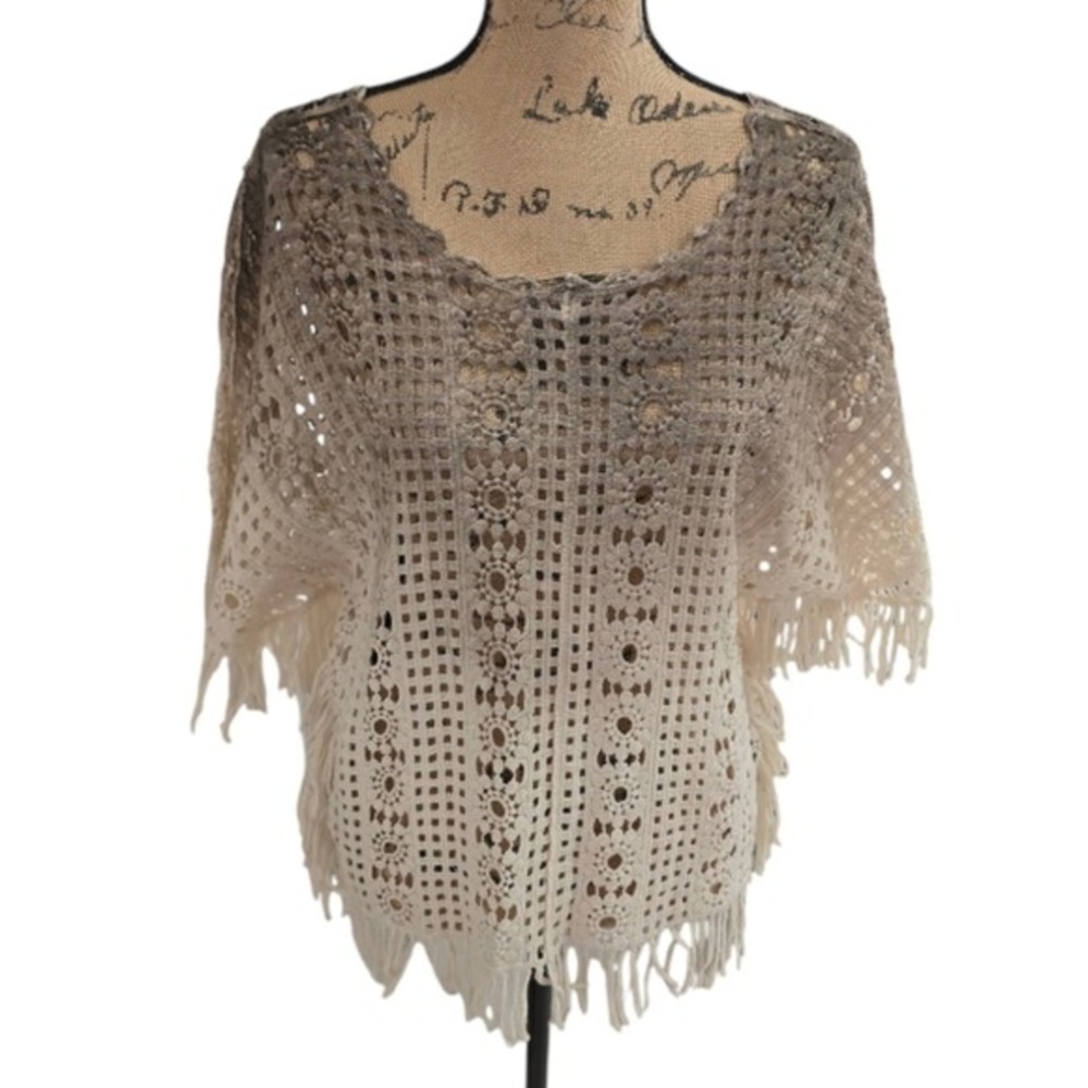 House Of Harlow 1960 Brown & Cream Crochet Fringe Sweater Shrug Coverup One Size